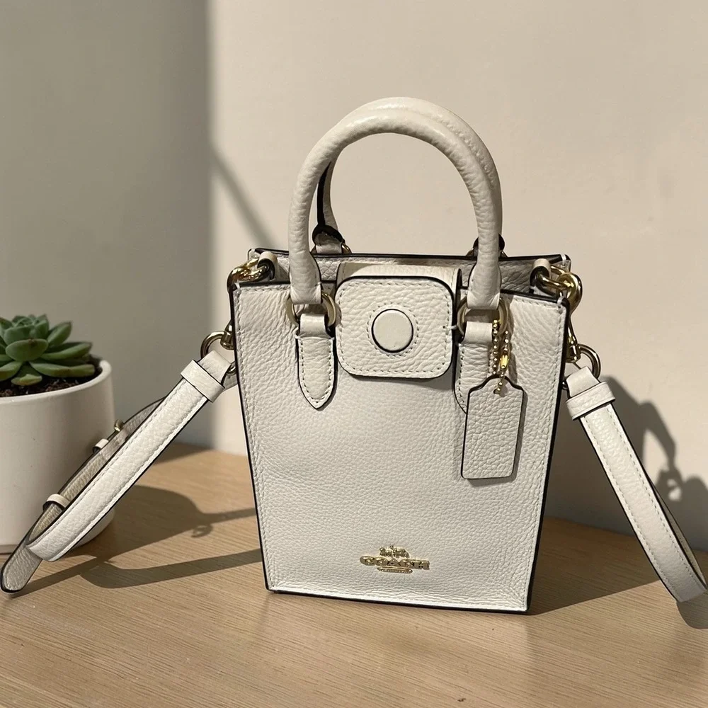 Coach North South Mini Tote Women Small White Excellent Pebbled‎ Leather Bag